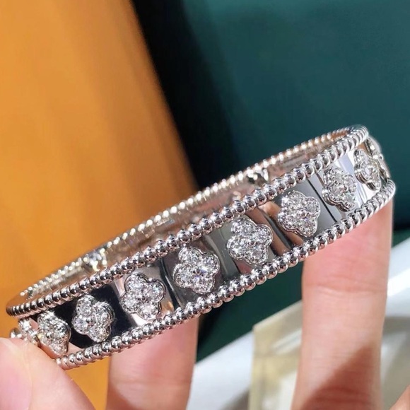 Clover Bangle Silver Bracelet with Crystal Accents - Picture 1 of 3
